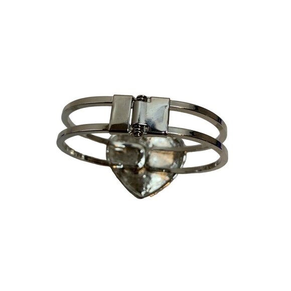 Silver Tone Rhinestone Heart Cuff Bracelet Hinged Bangle Sparkle Glam Gift - Picture 5 of 6